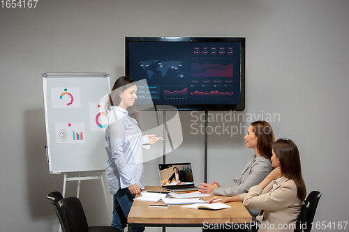 Image of Young women talking, working during videoconference with colleagues at office or living room