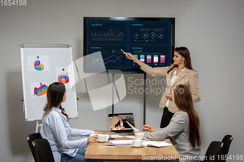 Image of Young women talking, working during videoconference with colleagues at office or living room