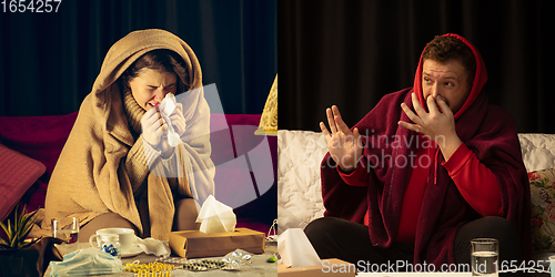 Image of Collage of ill woman feeling sick and healthy man avoiding virus spreading with panic