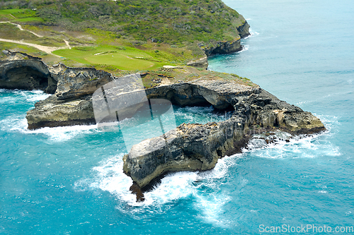 Image of Flying above a golf course at an exotic destination