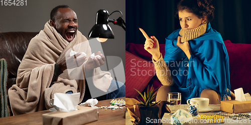 Image of Collage of ill man feeling sick and healthy woman avoiding virus spreading with panic