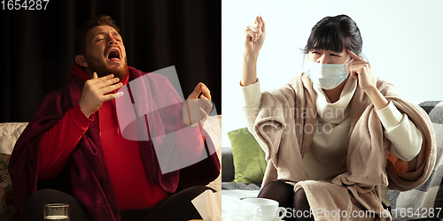 Image of Collage of ill man feeling sick and healthy woman avoiding virus spreading with panic