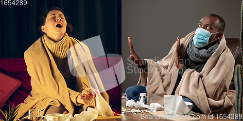 Image of Collage of ill woman feeling sick and healthy man avoiding virus spreading with panic