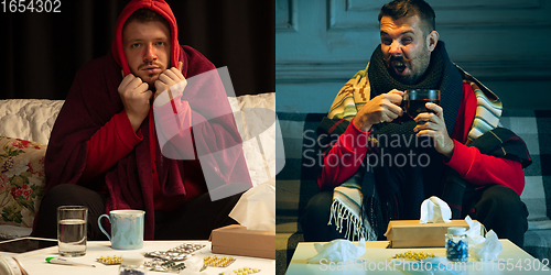 Image of Collage of ill man feeling sick and healthy man avoiding virus spreading with panic