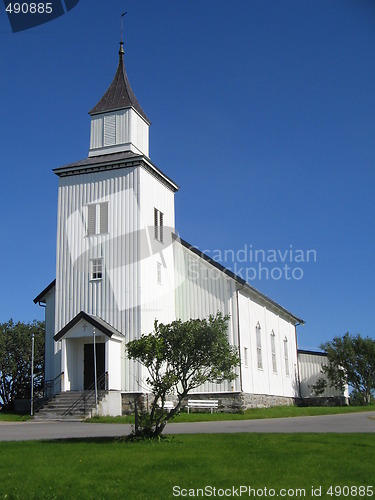 Image of Andenes church at summer with a clear blue sky