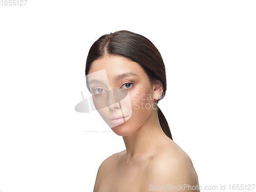 Image of Beautiful caucasian woman with heterochromia isolated on white studio background