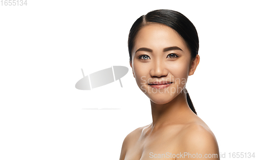 Image of Beautiful asian woman with heterochromia isolated on white studio background