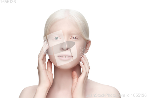 Image of Beautiful albino woman with heterochromia isolated on white studio background