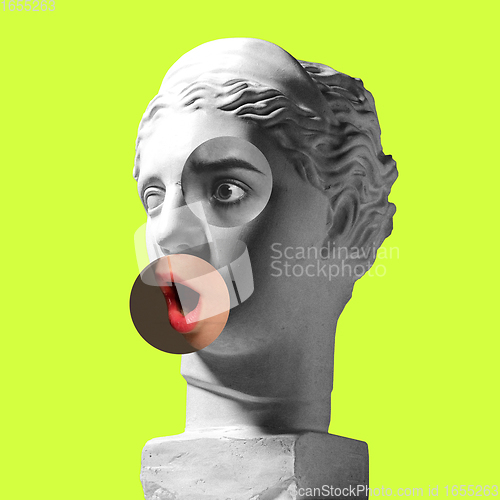 Image of Collage with plaster head model and female portrait. Modern design. Contemporary colorful art collage.