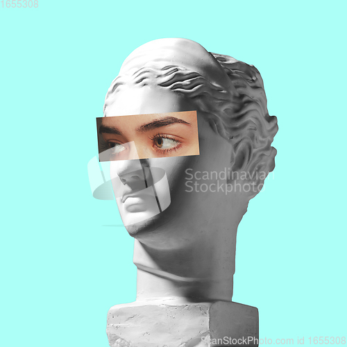 Image of Collage with plaster head model and female portrait. Modern design. Contemporary colorful art collage.