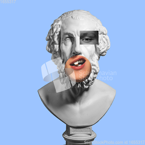 Image of Collage with plaster head model and male portrait. Modern design. Contemporary colorful art collage.