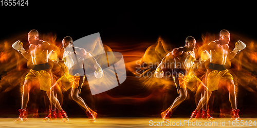 Image of Professional boxer training on black studio background in mixed light. with strobe light, reflection, mirror effect. Collage