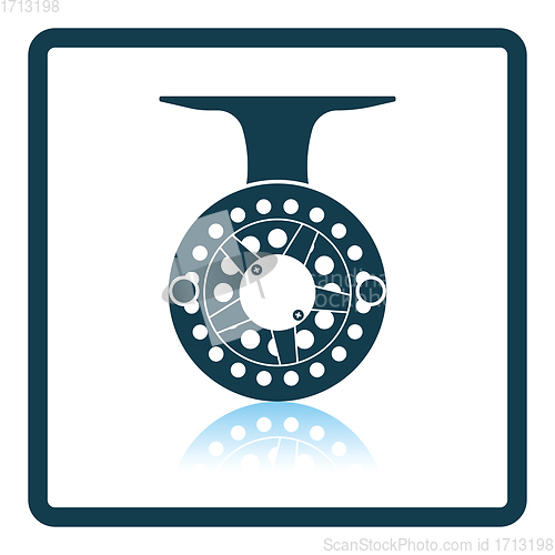 Image of Icon of Fishing reel  on gray background, round shadow