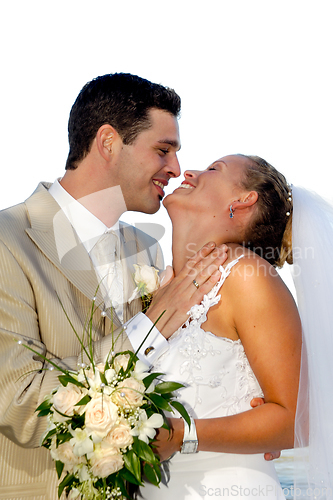 Image of Happy wedding couple smiling