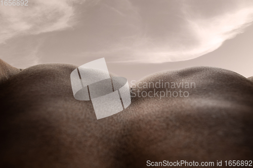 Image of Detailed texture of human skin. Close up shot of young african-american male body like landscape with the sky background