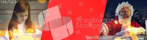 Image of Happy caucasian little girl during video call or messaging with Santa using laptop and home devices, celebration or ad flyer with copyspace