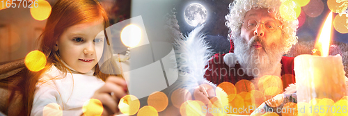 Image of Happy caucasian little girl during video call or messaging with Santa using laptop and home devices, celebration or ad flyer with copyspace