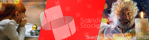 Image of Happy caucasian little girl during video call or messaging with Santa using laptop and home devices, celebration or ad flyer with copyspace