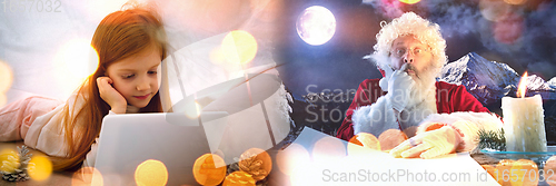 Image of Happy caucasian little girl during video call or messaging with Santa using laptop and home devices, celebration or ad flyer with copyspace