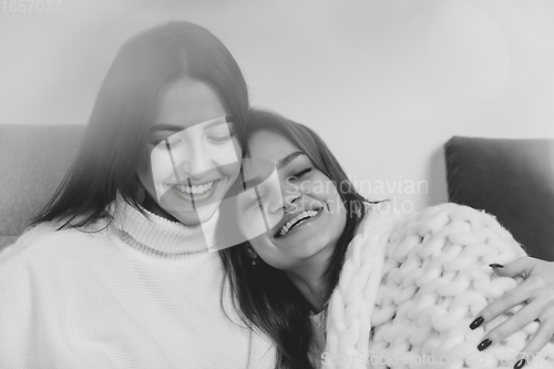 Image of Portrait of beautiful women isolated on white studio background. Comfort, warm in winter concept