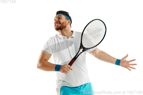 Image of Funny emotions of professional tennis player isolated on white studio background, excitement in game