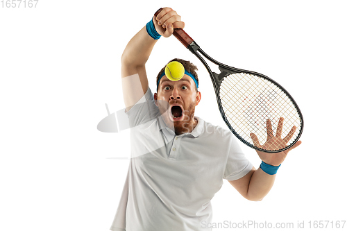 Image of Funny emotions of professional tennis player isolated on white studio background, excitement in game