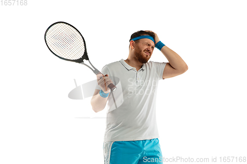 Image of Funny emotions of professional tennis player isolated on white studio background, excitement in game