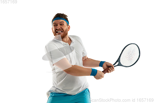 Image of Funny emotions of professional tennis player isolated on white studio background, excitement in game