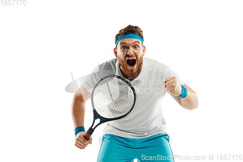 Image of Funny emotions of professional tennis player isolated on white studio background, excitement in game