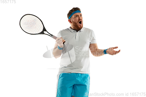 Image of Funny emotions of professional tennis player isolated on white studio background, excitement in game