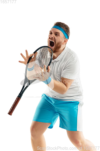 Image of Funny emotions of professional tennis player isolated on white studio background, excitement in game