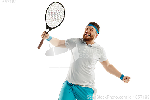 Image of Funny emotions of professional tennis player isolated on white studio background, excitement in game