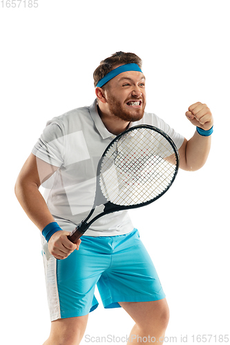 Image of Funny emotions of professional tennis player isolated on white studio background, excitement in game