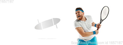 Image of Funny emotions of professional tennis player isolated on white studio background, excitement in game