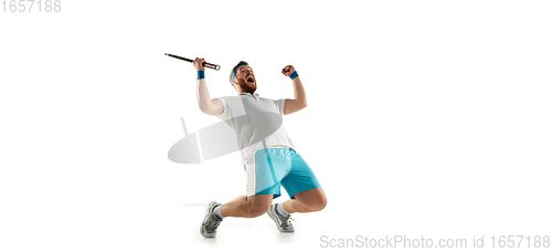 Image of Funny emotions of professional tennis player isolated on white studio background, excitement in game