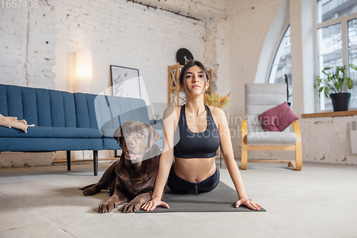 Image of Young woman working out at home during lockdown, yoga exercises with the dog