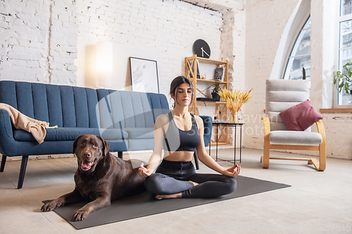 Image of Young woman working out at home during lockdown, yoga exercises with the dog