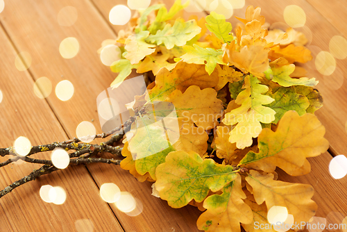 Image of oak leaves in autumn colors on wooden table