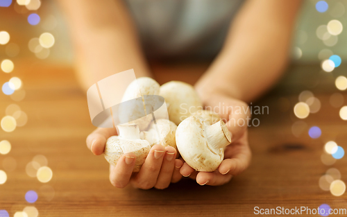 Image of close up of female hands holding champignons