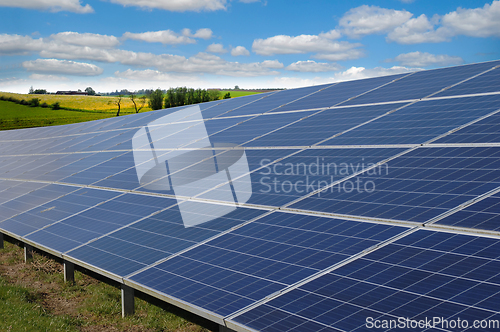 Image of Rows of solar panels and green nature