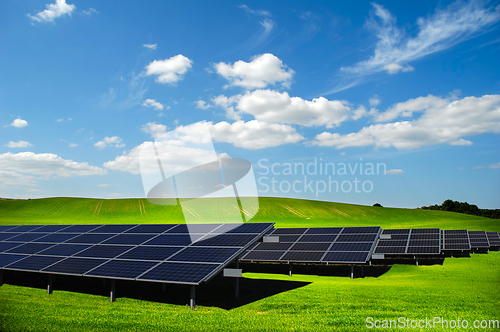 Image of Rows of solar panels and green nature