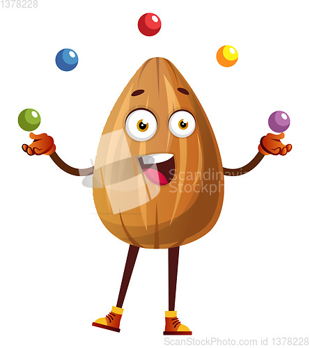 Image of Almond juggling colorful balls, illustration, vector on white ba