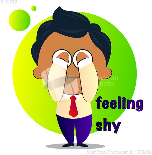 Image of Shy boy in a suit with curly black hair covering eyes, illustrat