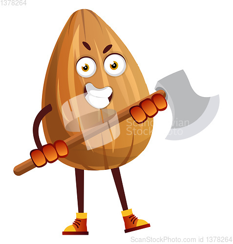 Image of Almond with an axe in his hands, illustration, vector on white b