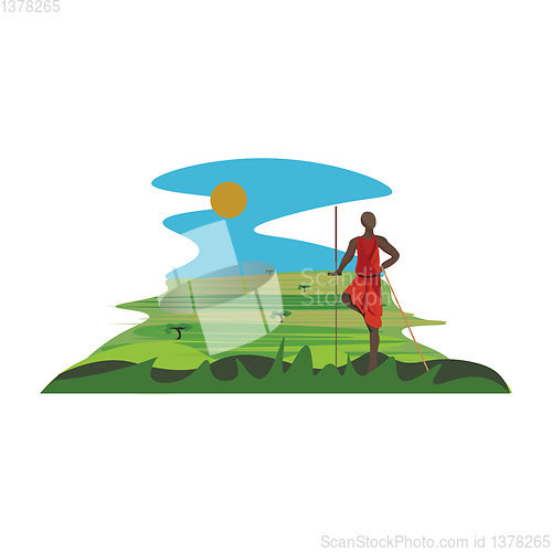 Image of A tall Maasai warrior watching over grasslands, vector or color 