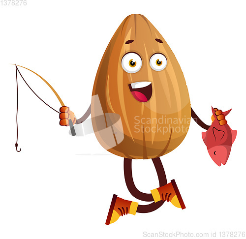 Image of Almond went fishing, caught red colored fish, illustration, vect