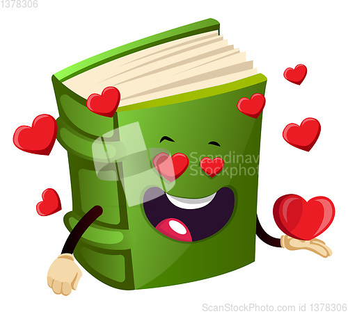 Image of Green book is in love, illustration, vector on white background.