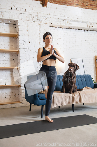 Image of Young woman working out at home during lockdown, yoga exercises with the dog