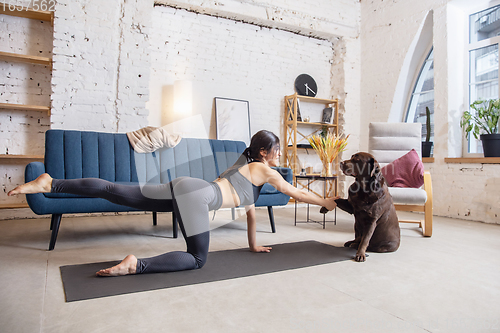 Image of Young woman working out at home during lockdown, yoga exercises with the dog