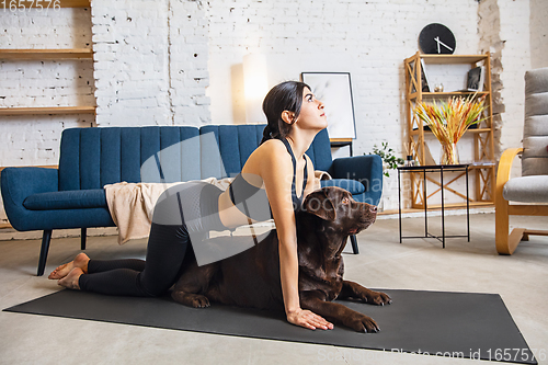 Image of Young woman working out at home during lockdown, yoga exercises with the dog